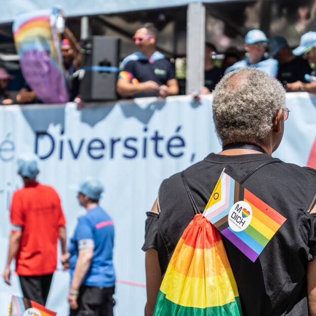 Meherer Menschen stehen vor einem TRuck auf dem Menschen bunt gekleidet tanzen. Auf der Seite steht "Diversité". Im Vordergrund sieht man den Rucksack eines Mannes in Regenbogenfarben.
