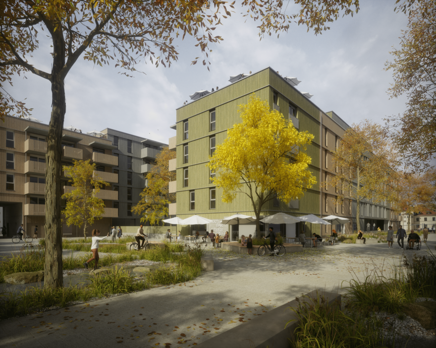 Visualisierung des Bauprojekts der Münchner Wohnen auf dem Kreativfeld. Ein moderner Holzbau mit einem Cafe im Erdgeschoss.